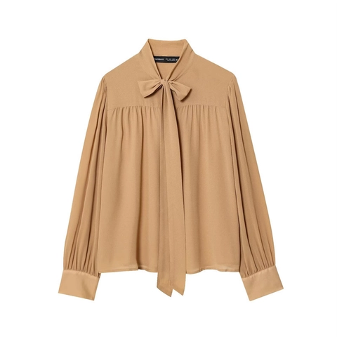 Damen Elegante Chiffon Bluse mit Schleifenausschnitt Langarm Plissee Bürohemd Lockeres Lässiges Einfarbiges Oberteil
