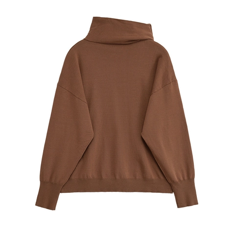 Suéter de Punto Marrón Chocolate Casual para Mujer Holgado Hombro Caído Cuello Bufanda Jersey de Manga Larga