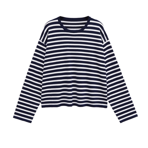 Top de Punto a Rayas Azul Marino y Blanco para Mujer Manga Larga Ajuste Relajado Cuello Redondo Hombro Caído Jersey Casual