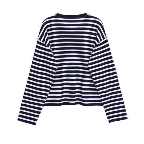 Top de Punto a Rayas Azul Marino y Blanco para Mujer Manga Larga Ajuste Relajado Cuello Redondo Hombro Caído Jersey Casual