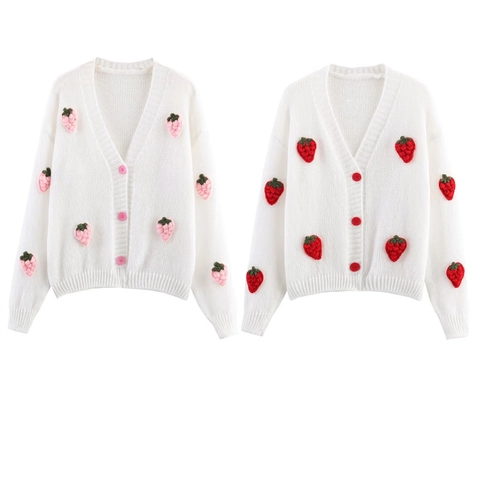 Damen Süßer Erdbeer-Dekor Strickcardigan V-Ausschnitt Einreihig Langarm Weißer Pullover Mantel Lässige Weiche Strickwaren