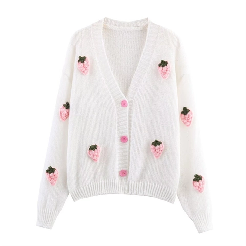 Damen Süßer Erdbeer-Dekor Strickcardigan V-Ausschnitt Einreihig Langarm Weißer Pullover Mantel Lässige Weiche Strickwaren