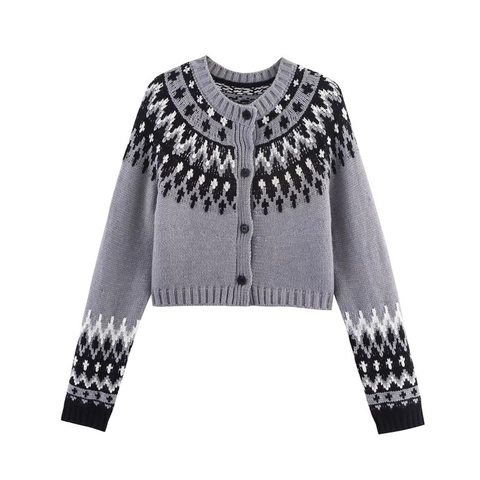 Cárdigan de Punto Fair Isle Vintage para Mujer Cuello Redondo Manga Larga Suéter Corto con Botones Ropa de Abrigo Geométrica
