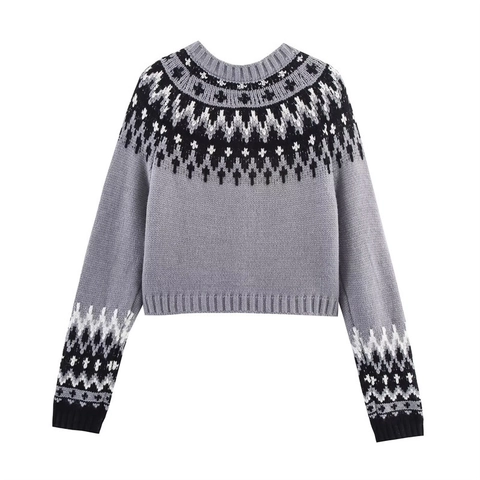 Cárdigan de Punto Fair Isle Vintage para Mujer Cuello Redondo Manga Larga Suéter Corto con Botones Ropa de Abrigo Geométrica