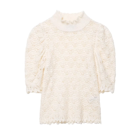 Damen Vintage Strickoberteil Ausgehöhlt Holzohr Stehkragen Puffärmel Elegant Off White Häkelpullover Für Den Alltag