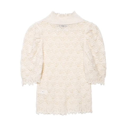 Damen Vintage Strickoberteil Ausgehöhlt Holzohr Stehkragen Puffärmel Elegant Off White Häkelpullover Für Den Alltag