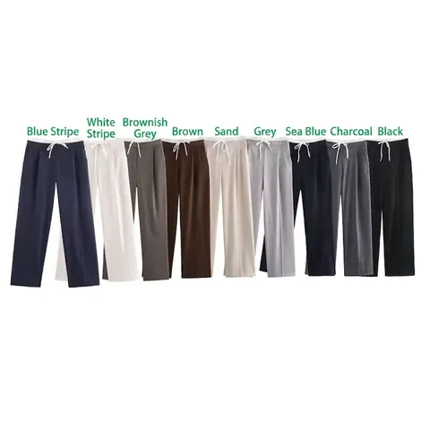 Pantaloni Casual a Gamba Larga da Donna Vita con Coulisse Elastica Pantaloni Dritti Larghi Tinta Unita Autunno