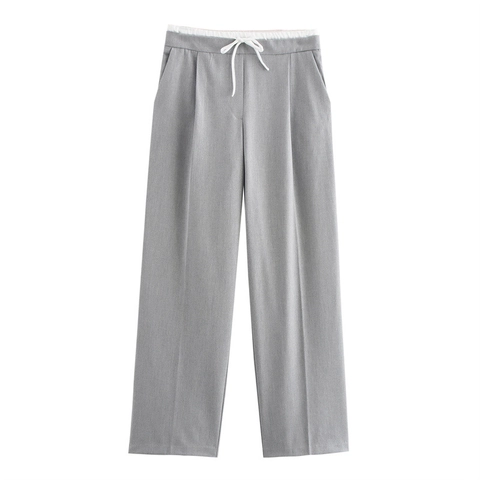 Pantaloni Casual a Gamba Larga da Donna Vita con Coulisse Elastica Pantaloni Dritti Larghi Tinta Unita Autunno