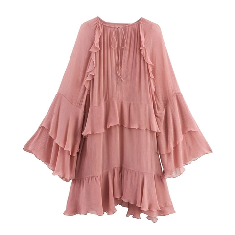 French Ruffle Flare Sleeve Tie Neck Tiered Chiffon Dress Elegant Long Sleeve Solid Color A-Line Midi Dress Women Party