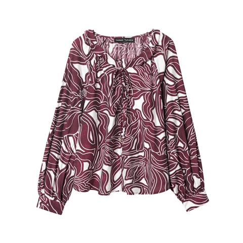 Women Vintage Floral Print Blouse Ruffle V-Neck Tie Front Long Lantern Sleeve Top Casual Loose Spandex Blend Shirts