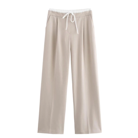 Pantaloni Casual da Donna a Vita Alta a Gamba Larga con Coulisse in Vita a Contrasto a Doppio Strato Pantaloni Dritti Larghi