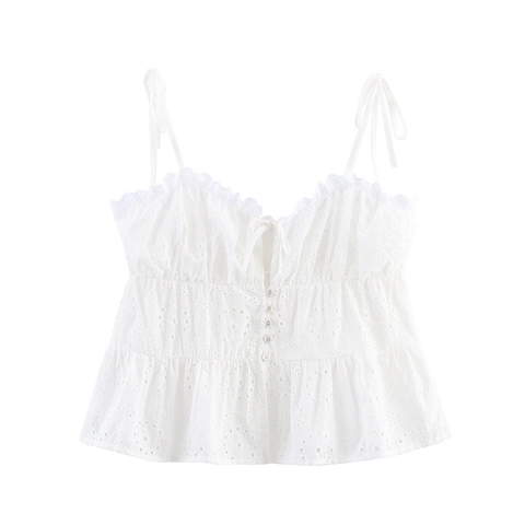 Vrouwen Broderie Anglaise Camisole Retro Strik Voorzijde Knoopsluiting Tanktop Zomer Strik Schouderbandjes Mouwloos Florale Kant Crop Top