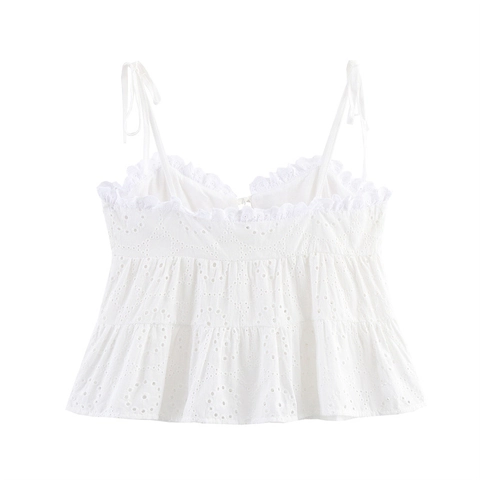 Vrouwen Broderie Anglaise Camisole Retro Strik Voorzijde Knoopsluiting Tanktop Zomer Strik Schouderbandjes Mouwloos Florale Kant Crop Top