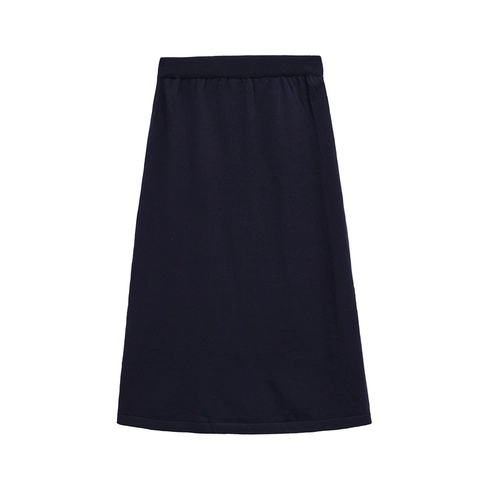 Falda Midi Elegante de Talle Alto para Mujer Azul Marino Línea A con Cintura Elástica Color Sólido Falda de Punto de Poliéster