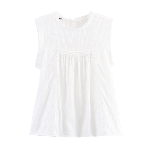 Damen Romantisch Ärmellos Weiß Top Spitze Lochstickerei Rüschen Baumwollmischung Bluse Für Sommer Lässig Locker Shirt