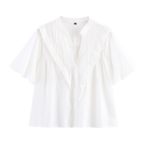Damen Casual Weiße Baumwollmischung Bluse V Ausschnitt Hohlstickerei Spitze Kurzarm Lockerer Sitz Knopfhemd Top