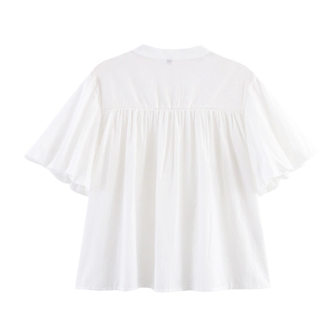 Damen Casual Weiße Baumwollmischung Bluse V Ausschnitt Hohlstickerei Spitze Kurzarm Lockerer Sitz Knopfhemd Top