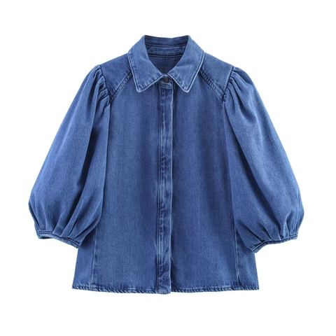 Completo Camicia Polo In Denim E Pantaloni A Gamba Larga Vita Alta Manica A Sbuffo Casual Streetwear Blu Bianco