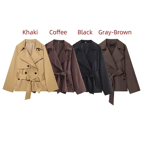 Dames Elegante Korte Trenchcoat Double-breasted Windjack Met Strikceintuur Revers Effen Kleur Jas Bovenkleding Lente