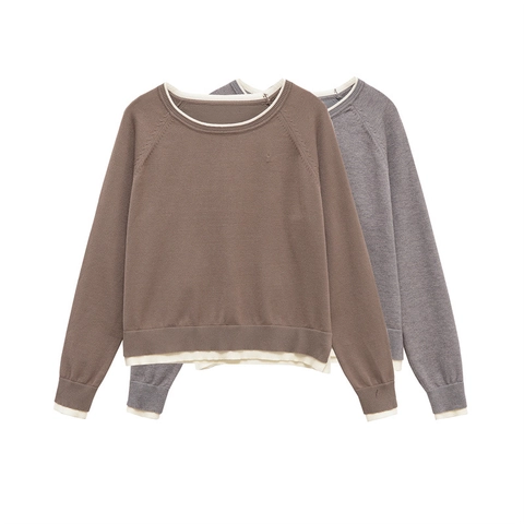 Pull en Maille Ample Décontracté pour Femmes Faux Deux-Pièces Contraste Col Rond Raglan Manches Longues Pullover Superposé Top Doux