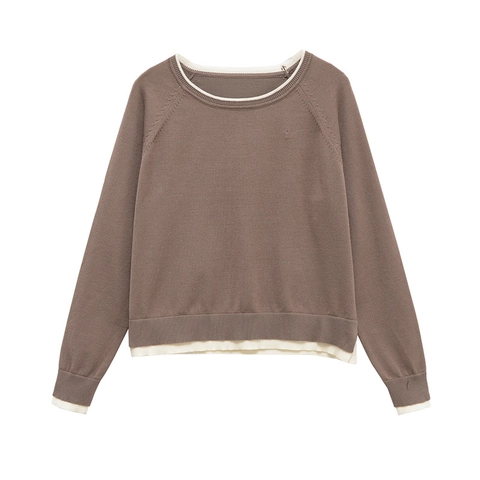 Pull en Maille Ample Décontracté pour Femmes Faux Deux-Pièces Contraste Col Rond Raglan Manches Longues Pullover Superposé Top Doux