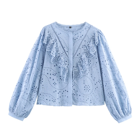 Γυναικεία Casual Γαλάζια Μπλούζα με Κέντημα Broderie Anglaise Βολάν Μανίκια Φανάρι Μείγμα Βαμβακιού Μακρυμάνικο Τοπ