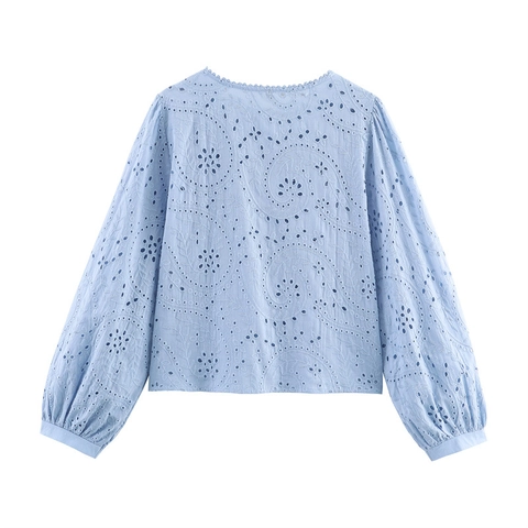 Γυναικεία Casual Γαλάζια Μπλούζα με Κέντημα Broderie Anglaise Βολάν Μανίκια Φανάρι Μείγμα Βαμβακιού Μακρυμάνικο Τοπ