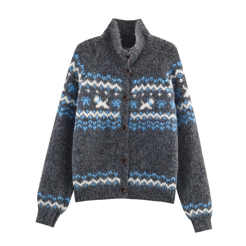 Cárdigan de Punto Jacquard Perro Vintage para Mujer Color de Contraste Cuello Alto Abotonado Simple Abrigo Suéter Suelto