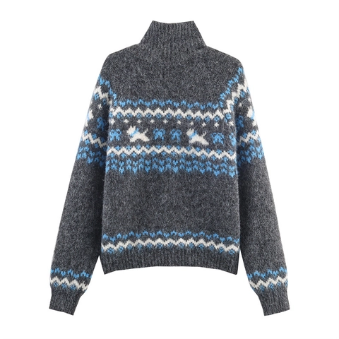 Cárdigan de Punto Jacquard Perro Vintage para Mujer Color de Contraste Cuello Alto Abotonado Simple Abrigo Suéter Suelto