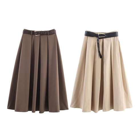 Damen Elegant Hohe Taille Polyester A-Linie Plissierter Midi-Rock Mit Gürtel Vintage Einfarbig Pendeln Mode Rock