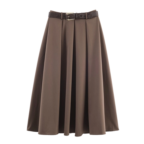 Damen Elegant Hohe Taille Polyester A-Linie Plissierter Midi-Rock Mit Gürtel Vintage Einfarbig Pendeln Mode Rock