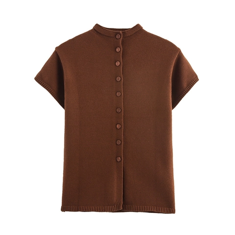 Women Casual Knit Cardigan Short Sleeve Round Neck Button Down Knitted Sweater Solid Color Dark Brown Lightweight Top