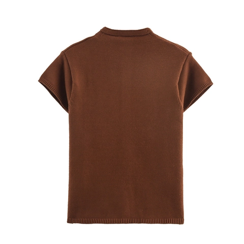 Women Casual Knit Cardigan Short Sleeve Round Neck Button Down Knitted Sweater Solid Color Dark Brown Lightweight Top