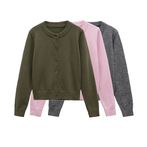 Cardigan en Maille Élégant pour Femmes Col Rond Manches Longues Boutonné Pull Couleur Unie Haut pour Bureau et Quotidien