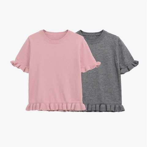 Damen Kurzarm Strickoberteil Volantkante Rundhalsausschnitt Einfarbig Minimalistischer Pullover Strickjacke Für Den Täglichen Gebrauch