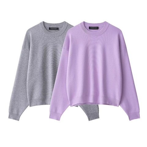 Women Casual Solid Color Round Neck Knit Sweater Long Sleeve Ribbed Pullover Loose Fit Drop Shoulder Basic Soft Knitwear
