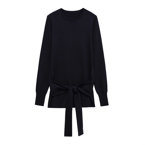 Damen Minimalistischer Einfarbiger Strickpullover Langarm Rundhals Bindegürtel Schleife Slim Soft Pullover Herbst Winter Strickwaren