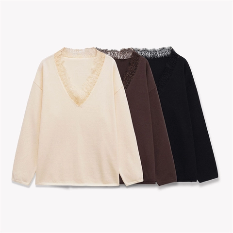 Maglione a Maglia Casual da Donna con Scollo a V e Finiture in Pizzo Manica Lunga Misto Poliestere Monopetto Cardigan Tinta Unita