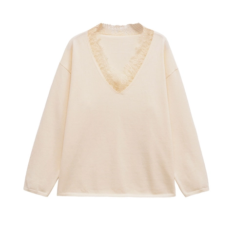 Maglione a Maglia Casual da Donna con Scollo a V e Finiture in Pizzo Manica Lunga Misto Poliestere Monopetto Cardigan Tinta Unita