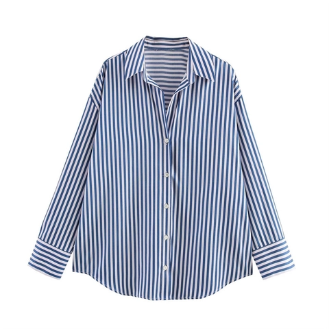 Camicia a Righe Larga Casual da Donna Manica Lunga Revers in Popeline di Cotone Camicetta con Bottoni Orlo Curvo Ufficio