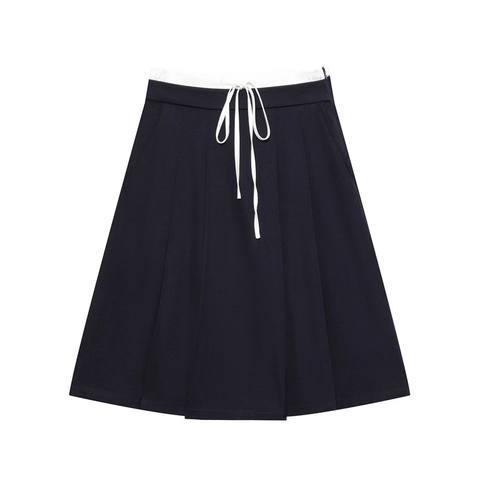 Falda Midi Plisada de Cintura Alta para Mujer Poliéster con Cordón de Contraste Falda Elegante para Oficina Escuela Diario