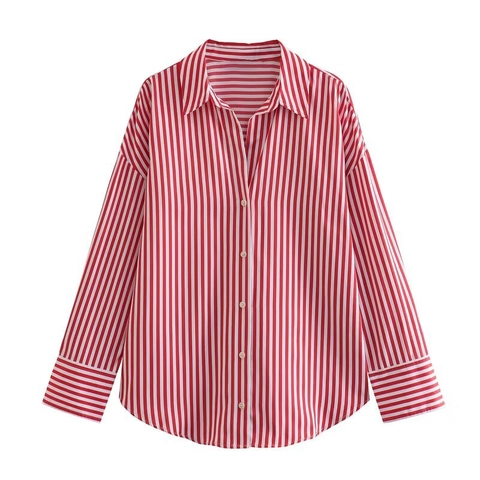Femme Chemise Blouse À Manches Longues Boutonnée Coupe Ample Popeline Rayée Couleur Unie Col Revers Y2K Streetwear