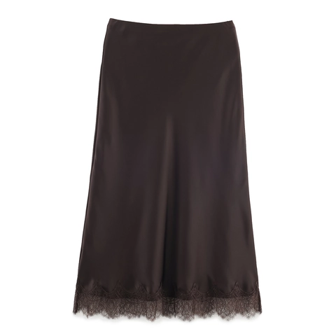 Women Satin Midi Skirt Lace Trim High Waist Satin Texture Straight A Line Skirt Streetwear Fashion Elegant