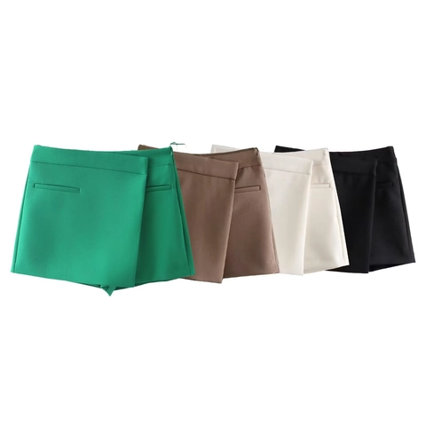 Women Asymmetric Skort High Waist Irregular Wrap Mini Shorts Skirts Polyester Solid Color Casual Office Lady Bottoms