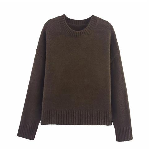 Women Casual Oversized Knit Sweater Round Neck Long Sleeve Solid Color Pullover Drop Shoulder Loose Warm Knitwear Top Coffee
