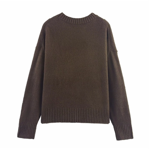 Women Casual Oversized Knit Sweater Round Neck Long Sleeve Solid Color Pullover Drop Shoulder Loose Warm Knitwear Top Coffee