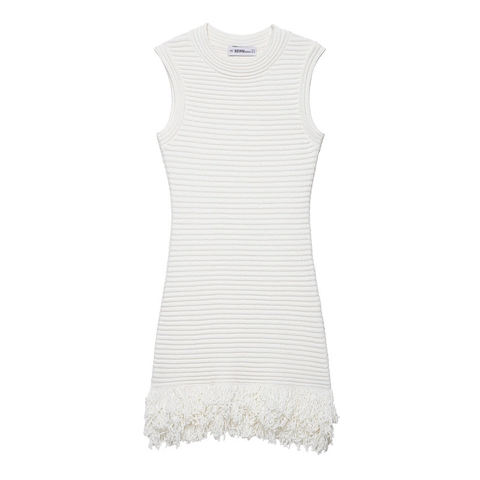 Damen Ärmellos Gerippt Strick Mini Kleid Rundhalsausschnitt Fransen Saum Elegant Einfarbig Weiß Sommer Kurz Kleid