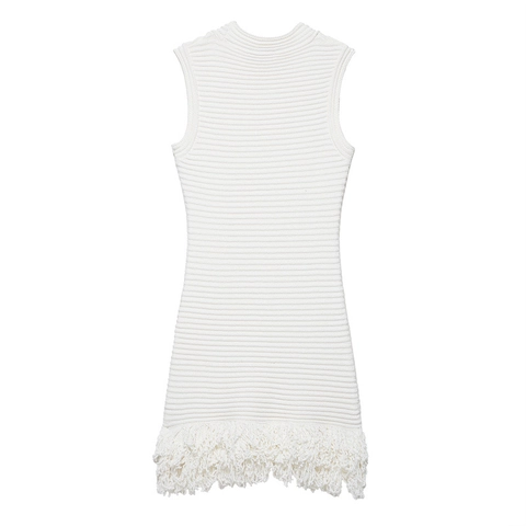 Damen Ärmellos Gerippt Strick Mini Kleid Rundhalsausschnitt Fransen Saum Elegant Einfarbig Weiß Sommer Kurz Kleid