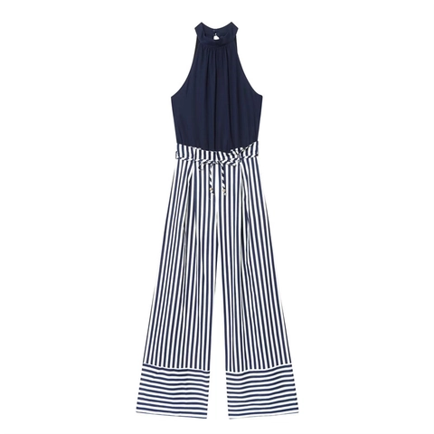 Damen Neckholder Jumpsuit Mit Weitem Bein Ärmellos Marineblau Solid Top Gestreiftes Unterteil Casual Urlaub Jumpsuit
