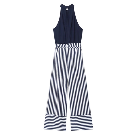 Damen Neckholder Jumpsuit Mit Weitem Bein Ärmellos Marineblau Solid Top Gestreiftes Unterteil Casual Urlaub Jumpsuit